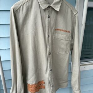 Zara Beige Lightweight Shirt Jacket with Orange Graphic